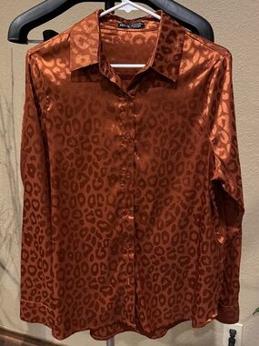 SHEIN Satin Leopard-Print Button-Down Shirt - Copper